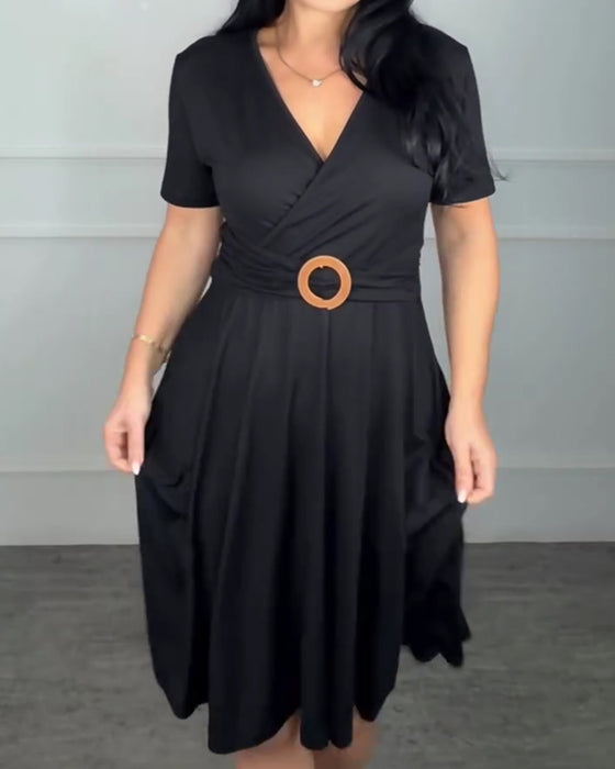 V-Neck Wrap Waist A-Line Dress