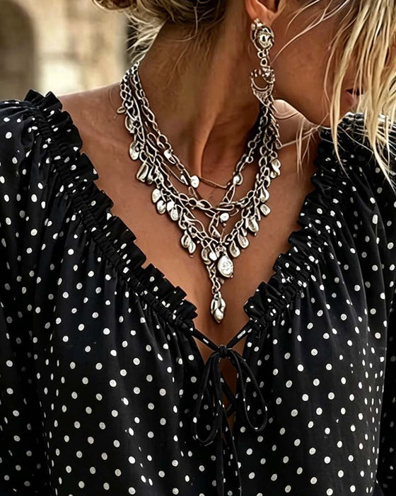 V-Neck Ruffle Polka Dot Tie Blouse
