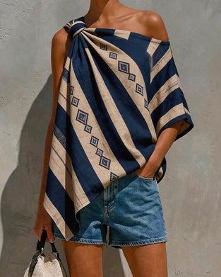 One-Shoulder Twist Diamond Stripe Blouse