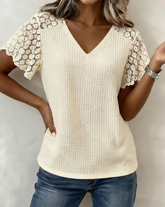 V-Neck Waffle Lace Patchwork Solid T-Shirt