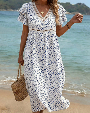 Blue White Floral Print V Neck Dress
