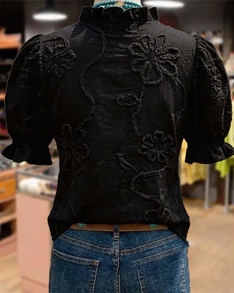 V-Neck Ruffle Trim Puff Sleeve Blouse