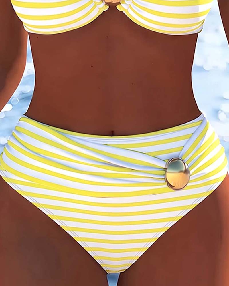Spaghetti Straps Striped Plastic Button Bikini