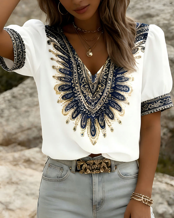 Ethnic Print Puff Sleeve Blouse