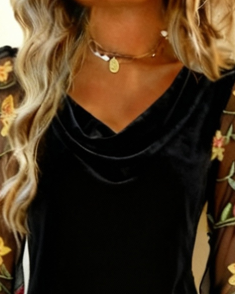 Embroidered Patchwork Long-Sleeved Dress