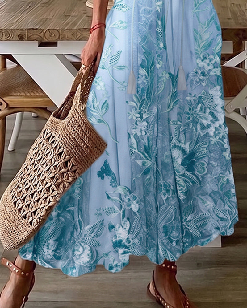 V-Neck Floral Ruffle Full Skirt Dress