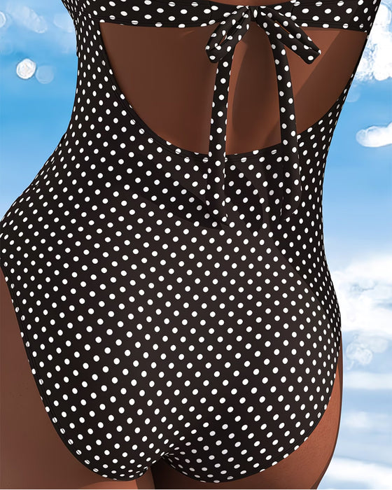 Polka Dot Tie Mesh Patchwork One-Piece