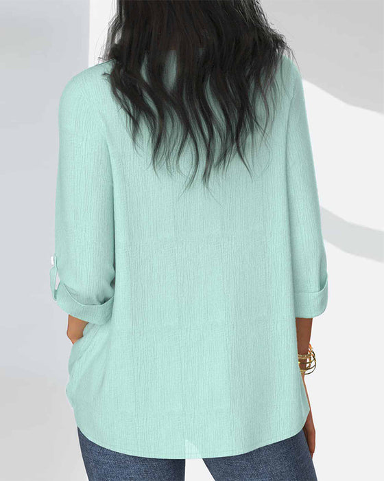 Solid color pleated sleeve button lace casual blouse