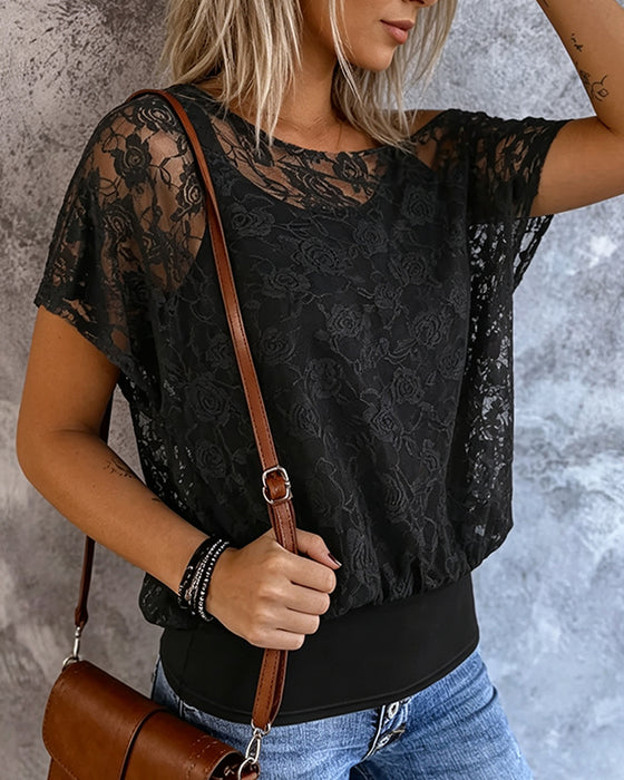 Off-Shoulder Lace Patchwork Suspender T-Shirt