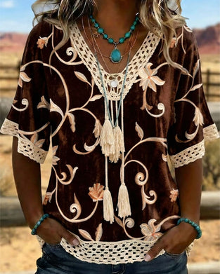V-Neck Lace Fringe Floral Blouse