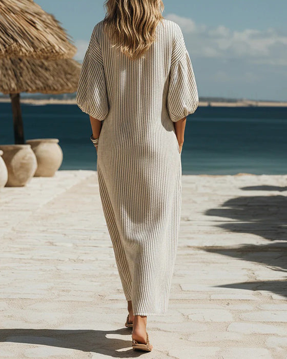 Puff Sleeve Button-Down Stripe Dress