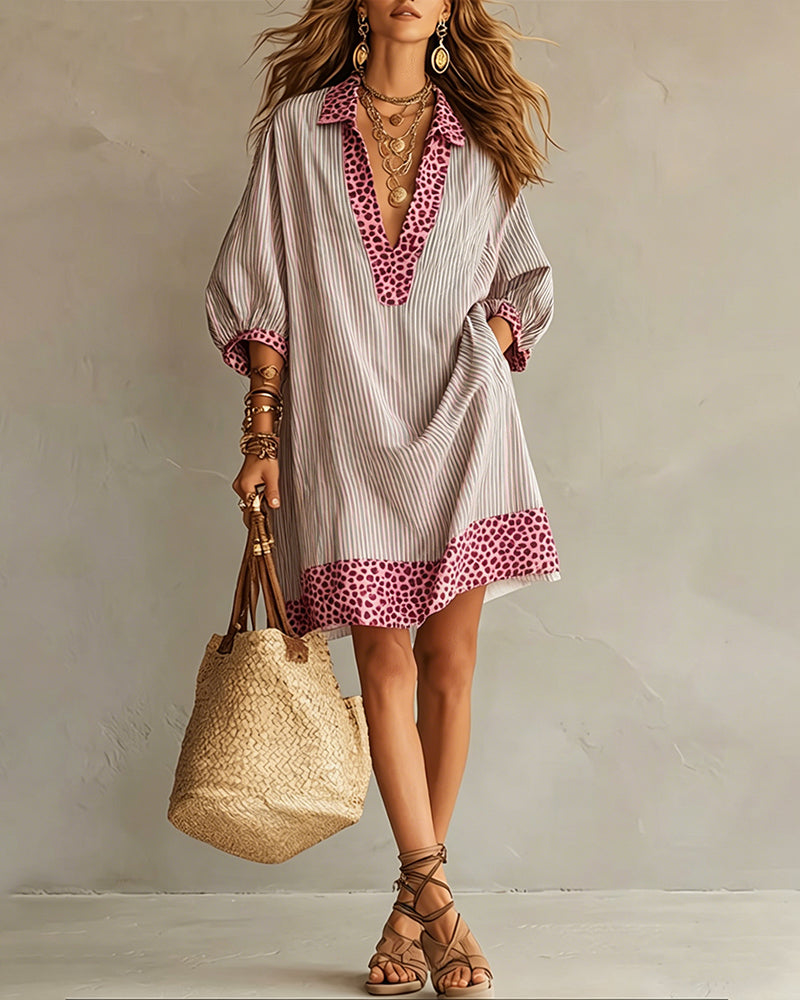 Leopard Print Panel Puff Sleeve Striped Shirt Dress