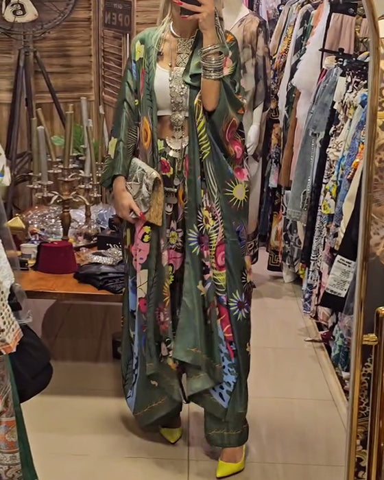 Kimono print casual two-piece set