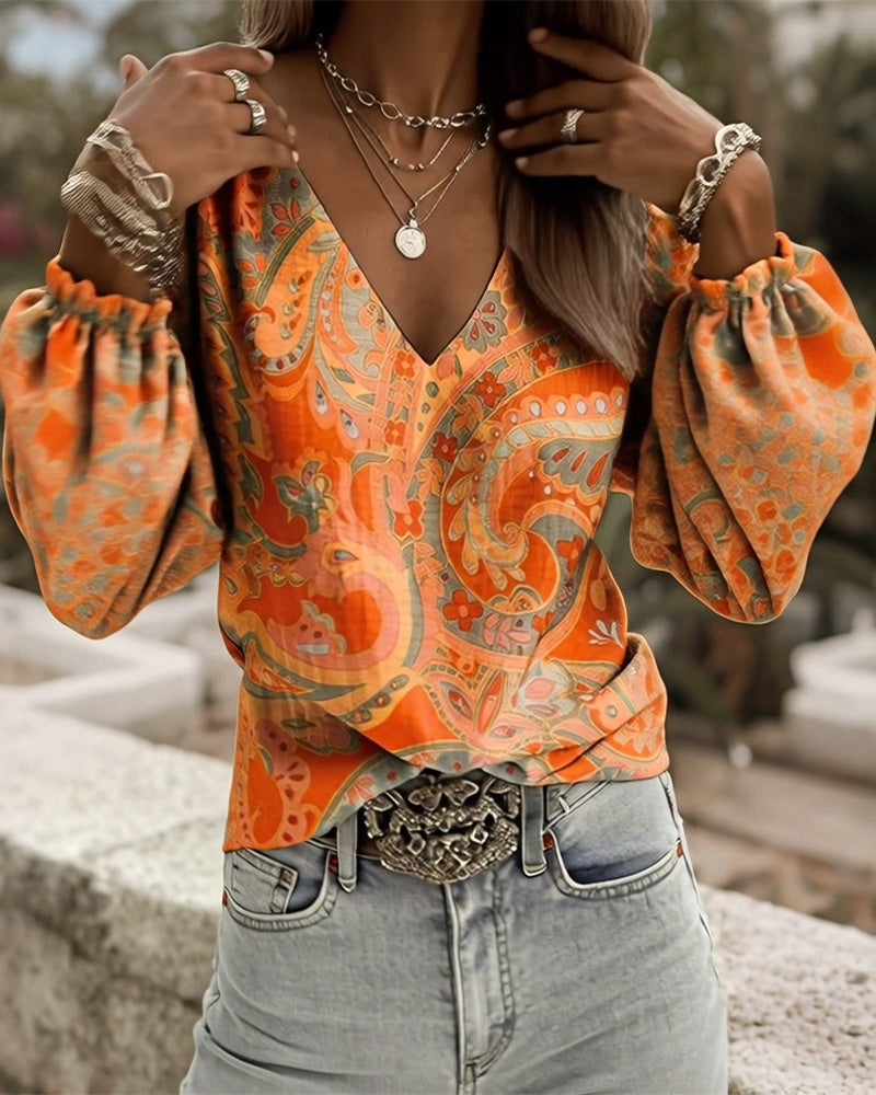 Patterned V-Neck Puff-Sleeve Blouse