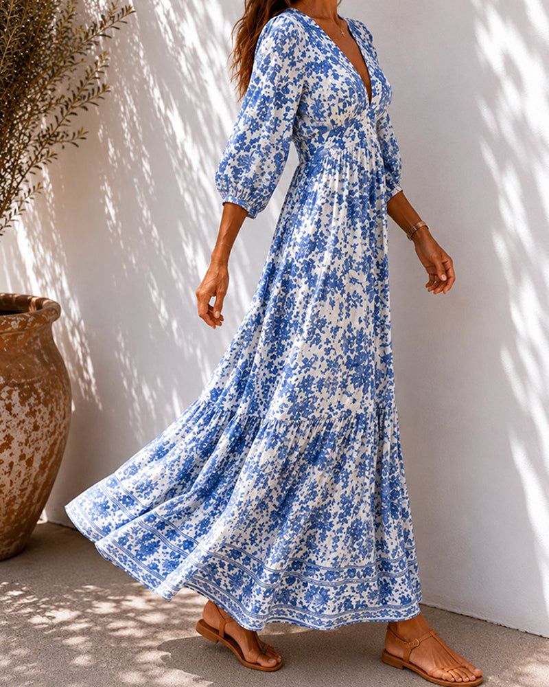 Blue Porcelain Print Waist-Cinched Dresses