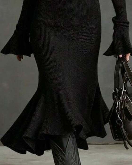Zip Flare Sleeve Fitted Ruffle Dress