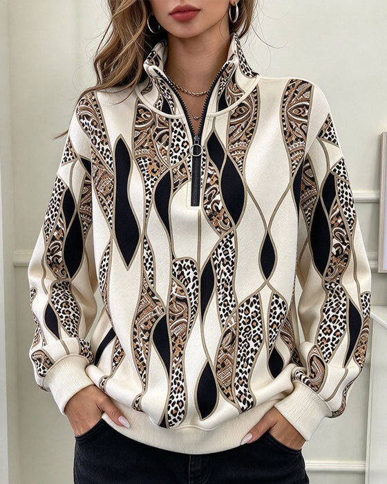 Geometric Paisley Half Zip Stand Collar Sweatshirt