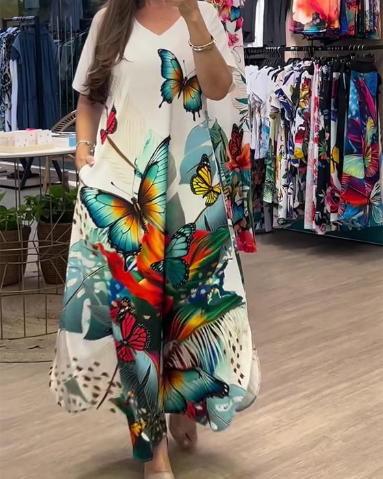 V-Neck Butterfly Print Long Dress