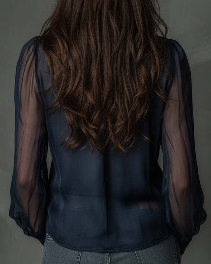 Half-Zip Mesh Long-Sleeve Blouse