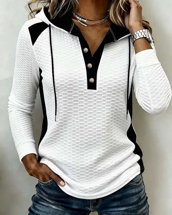 Buttoned Drawstring Color Block Hoodie