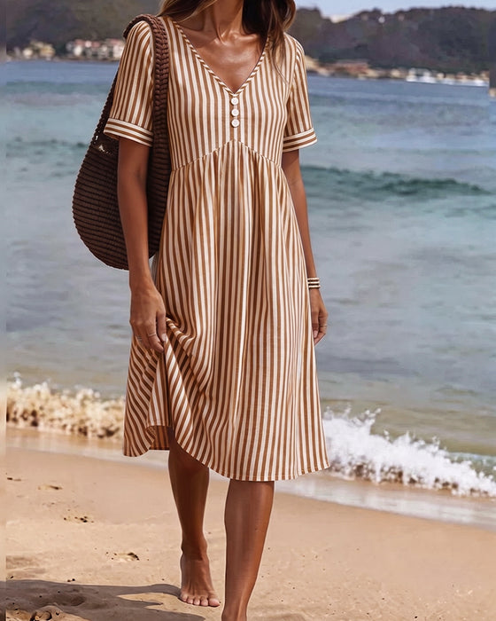 Vertical Stripe Babydoll V Neck A Line Dress