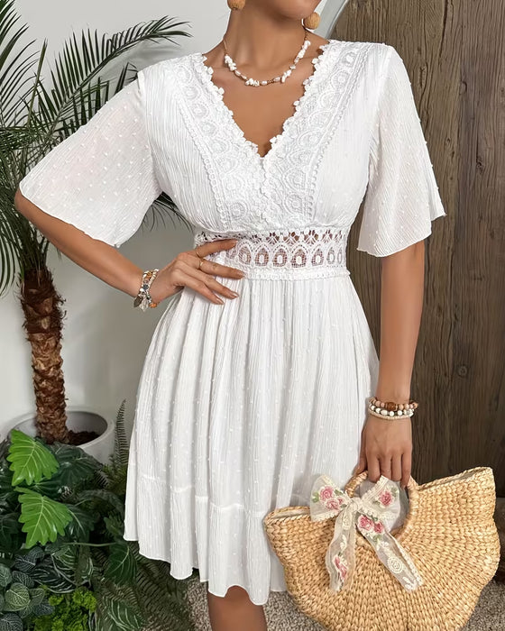 V-Neck Lace Trim Waist A-Line Dress