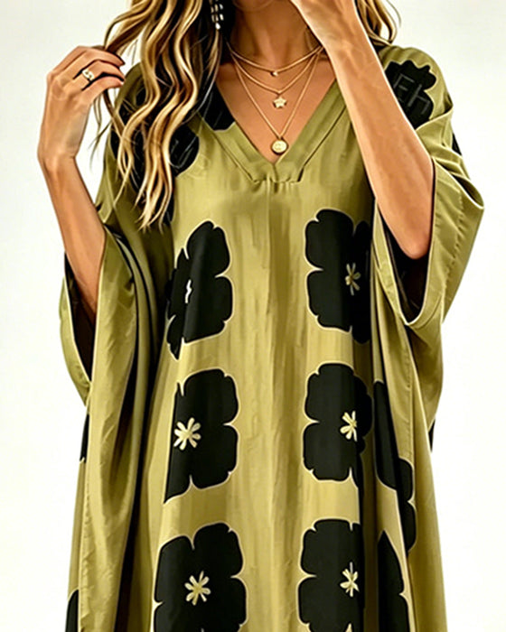 Print V-Neck Batwing Sleeve Loose Fit Dress