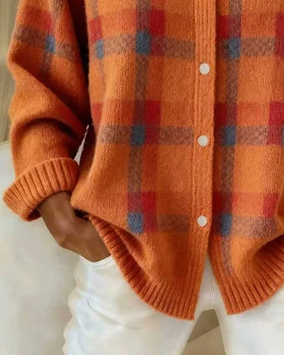 Plaid Shirt Collar Buttoned Cardigan