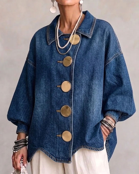 Lapel Buttoned Puff Sleeve Denim Coat