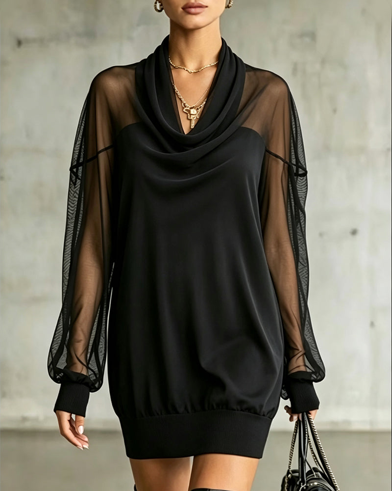 Cowl Neck Long Sleeve Mesh Dress