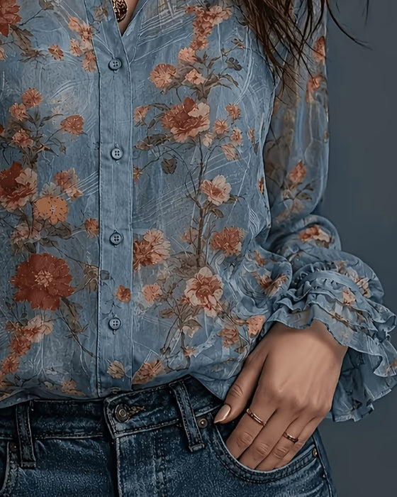 Floral Ruffle Lapel Blouse