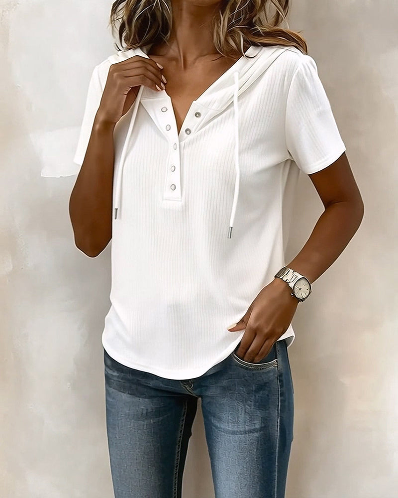 Hooded Short-Sleeve Henley Blouse