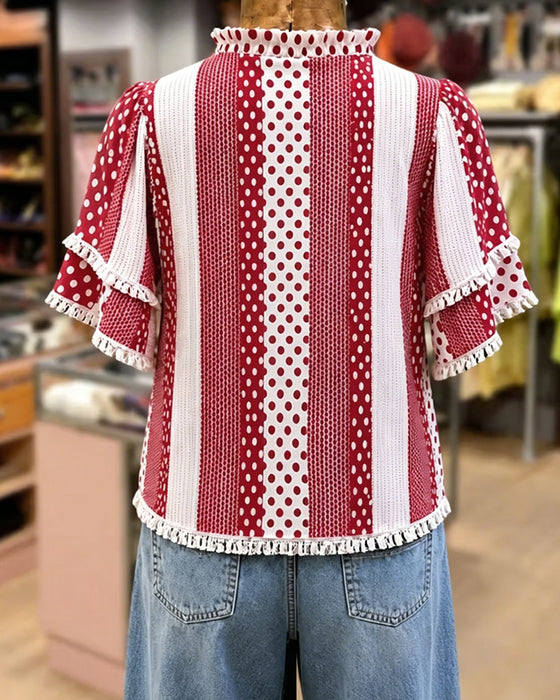 V-Neck Polka Dot Fringe Patchwork Blouse
