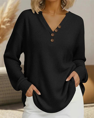 Button-Down Waffle Long-Sleeved Top