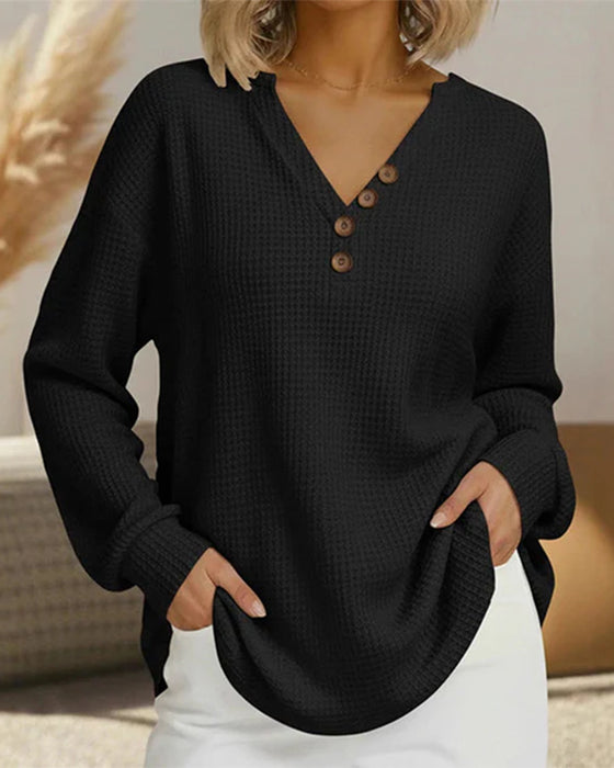 Button-Down Waffle Long-Sleeved Top