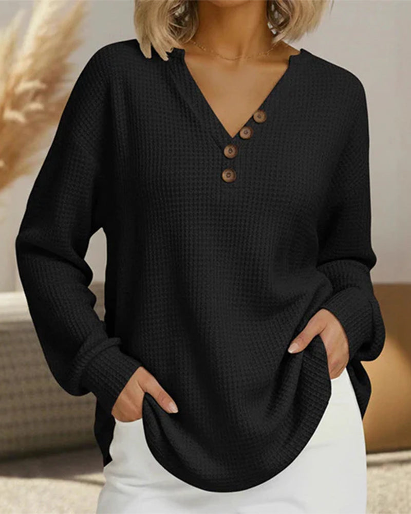 Button-Down Waffle Long-Sleeved Top