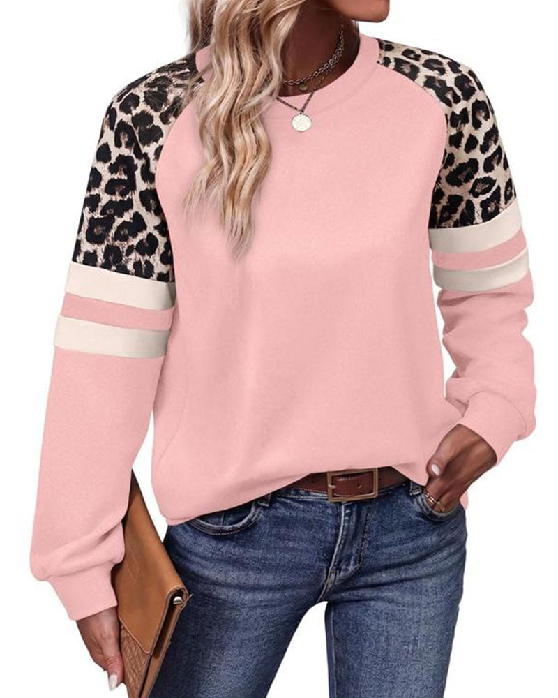 Long Sleeve Crew Neck Leopard Striped Sweatshirt