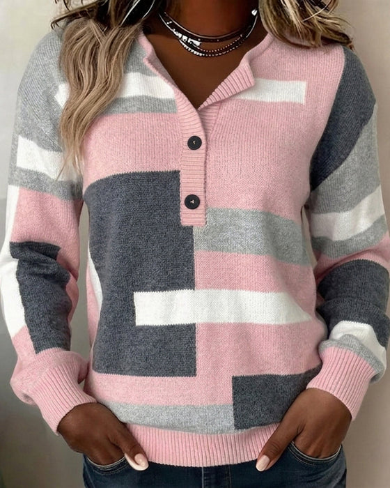Checkered Button-Front Long-Sleeve Jumper