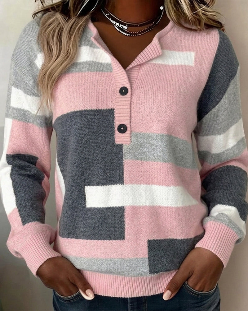 Checkered Button-Front Long-Sleeve Jumper