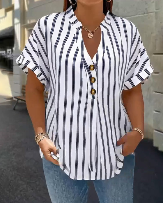 Button-Down V-Neck Striped Blouse