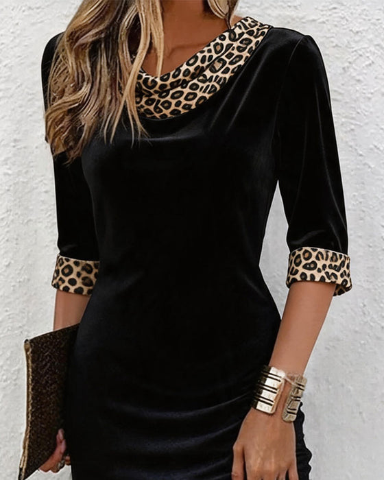 Draped Cowl Neck Leopard Print Three-Quarter Sleeve Fitted Dress