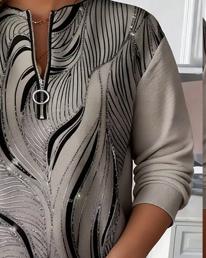 Plus Size Half-Zip Casual Printed Sweatshirt