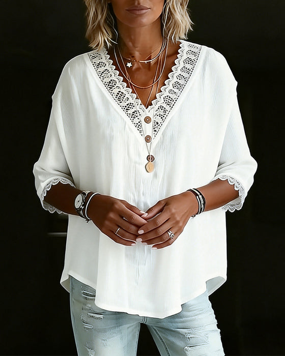 Lace V-Neck Three-Quarter Sleeve Blouse