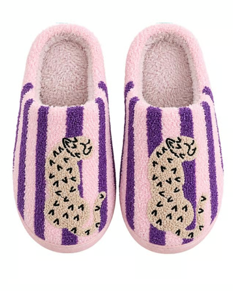 Women’s Retro Striped & Leopard Fuzzy Slippers