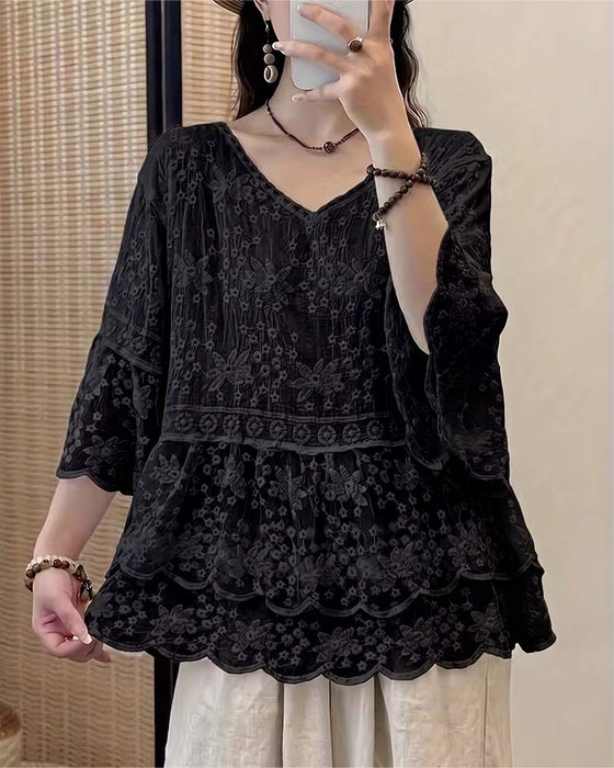 Short Sleeve Lace Trim Blouse