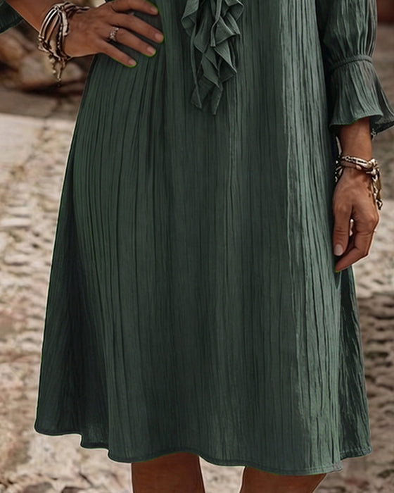 Ruffle Collar Tie Three Quarter Sleeve Dress