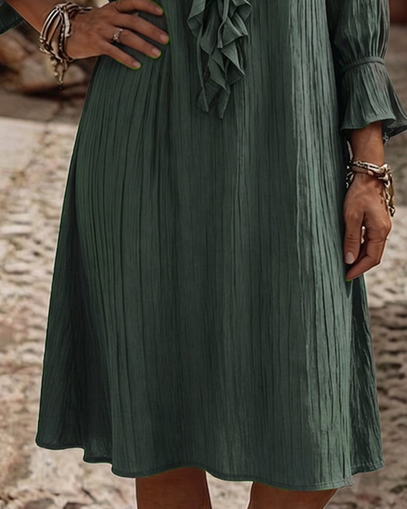 Ruffle Collar Tie Three Quarter Sleeve Dress