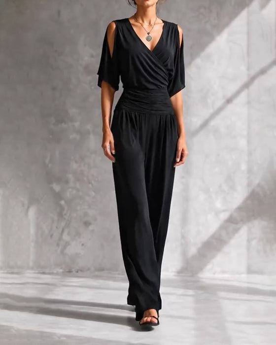 V-Neck Crossover Cold Shoulder Waist Pocket Jumpsuit