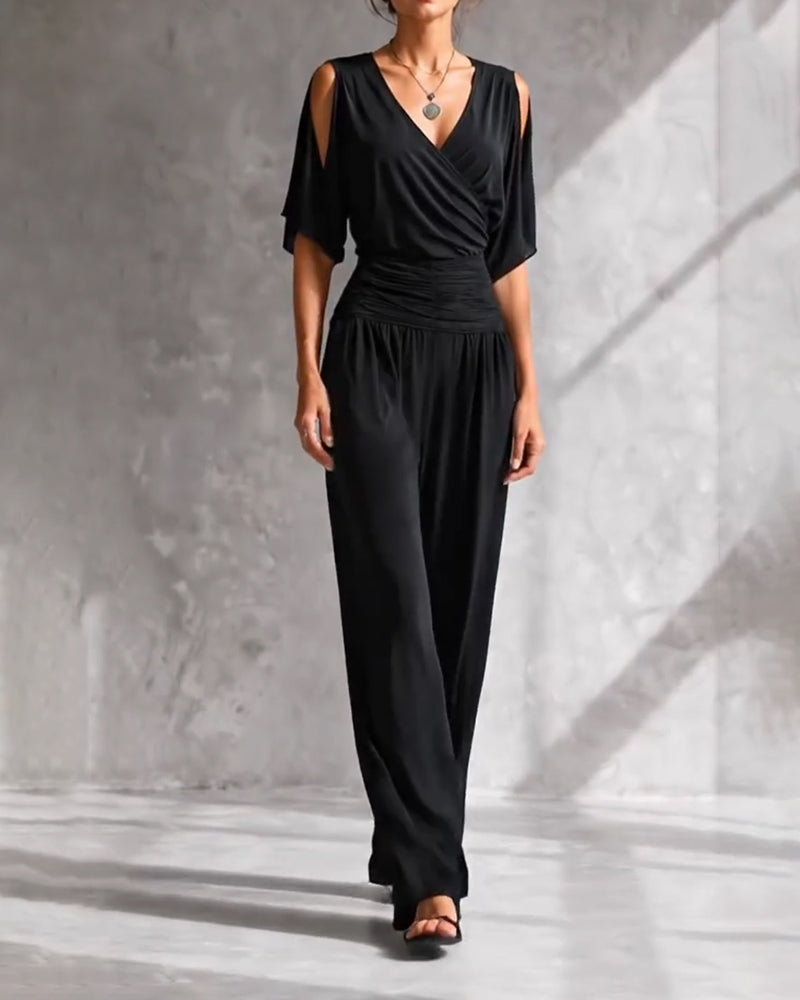 V-Neck Crossover Cold Shoulder Waist Pocket Jumpsuit