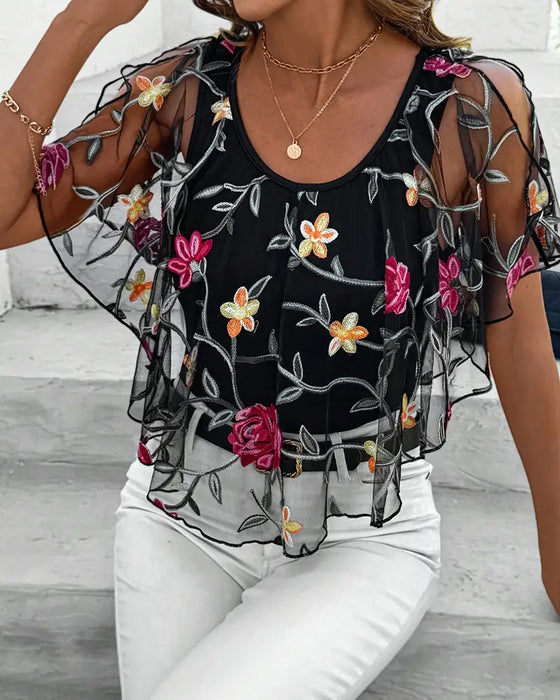 Embroidered Mesh Heavy Duty Blouse